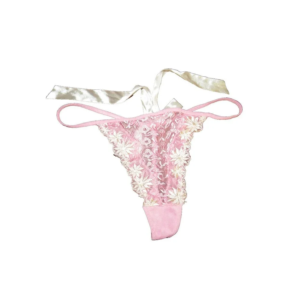 Vintage Glamour Pink Mesh Embroidered Thong Panties Satin Back Bow Size XL - Picture 2 of 14